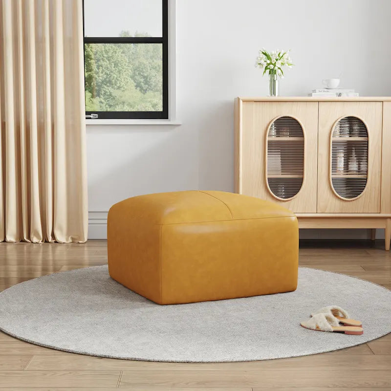 Pouf en cuir véritable capitonné pour salon et chambre à coucher