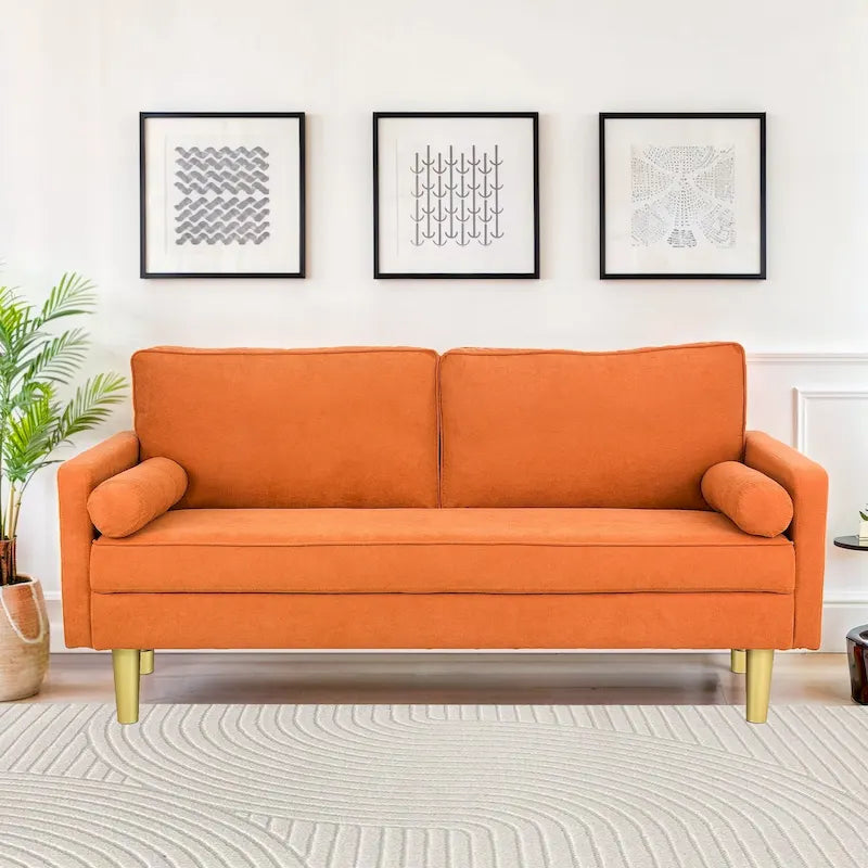Canapé deux places exquis de 65 po en polyester orange avec poches latérales et oreillers ronds - 65 po