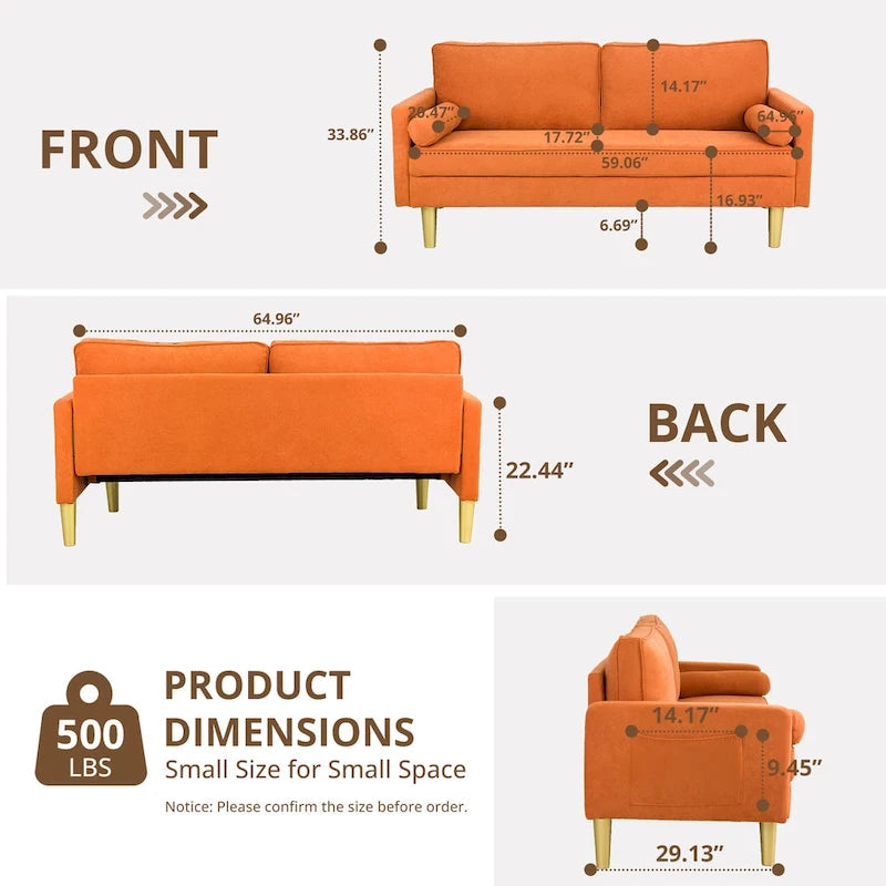 Canapé deux places exquis de 65 po en polyester orange avec poches latérales et oreillers ronds - 65 po