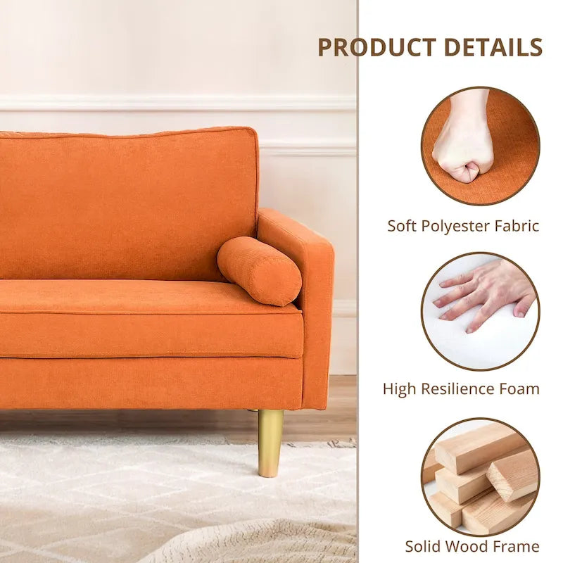 Canapé deux places exquis de 65 po en polyester orange avec poches latérales et oreillers ronds - 65 po