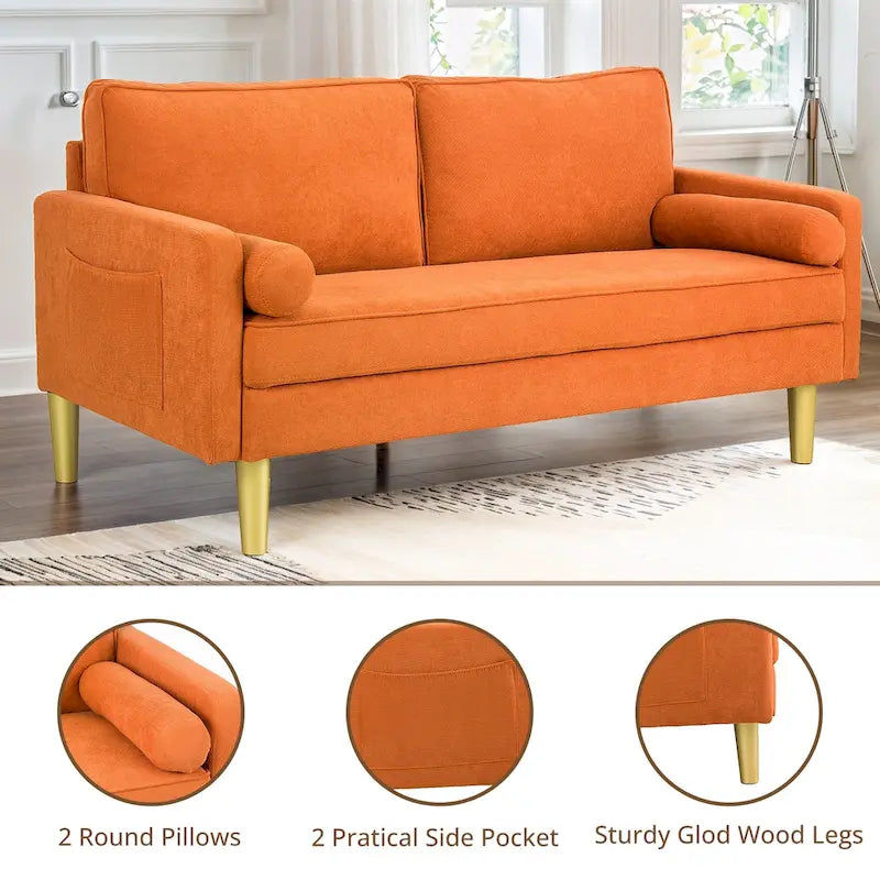 Canapé deux places exquis de 65 po en polyester orange avec poches latérales et oreillers ronds - 65 po
