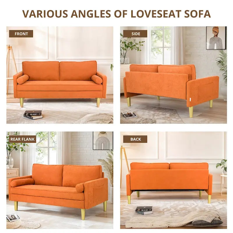 Canapé deux places exquis de 65 po en polyester orange avec poches latérales et oreillers ronds - 65 po
