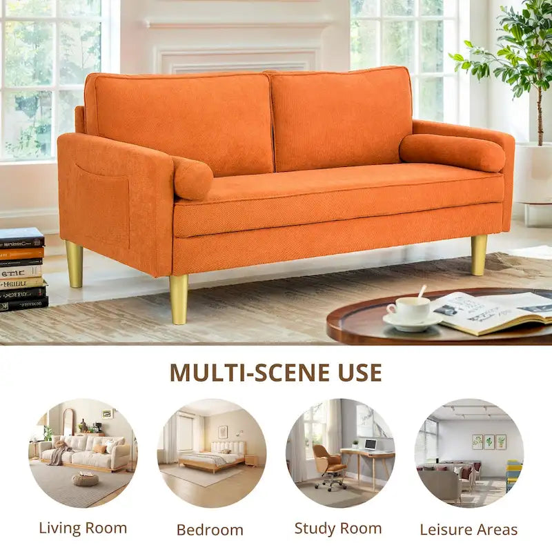 Canapé deux places exquis de 65 po en polyester orange avec poches latérales et oreillers ronds - 65 po