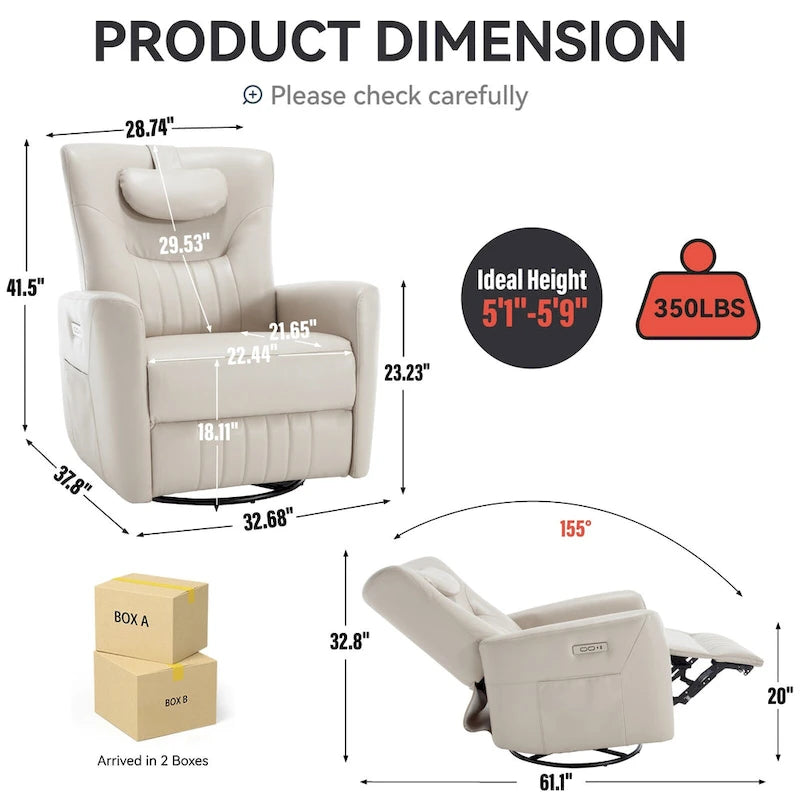 Fauteuil inclinable avec pivotement à 270°, mouvement de bascule, coussin de soutien lombaire et cervical, ports USB et Type-C
