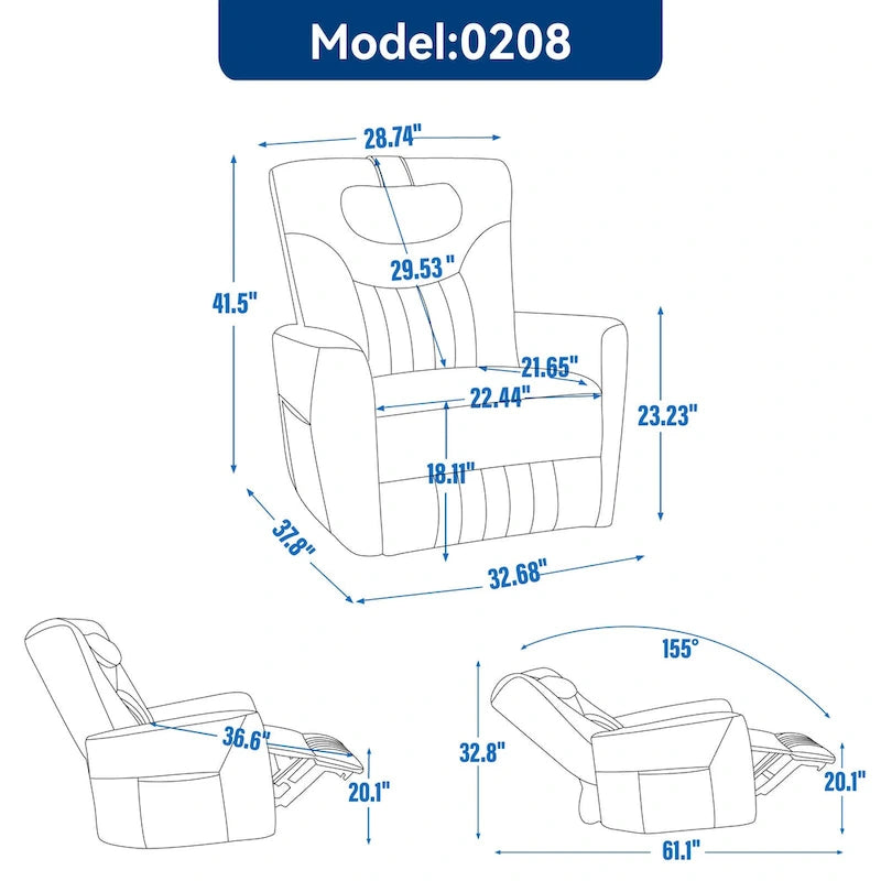 Fauteuil inclinable avec pivotement à 270°, mouvement de bascule, coussin de soutien lombaire et cervical, ports USB et Type-C