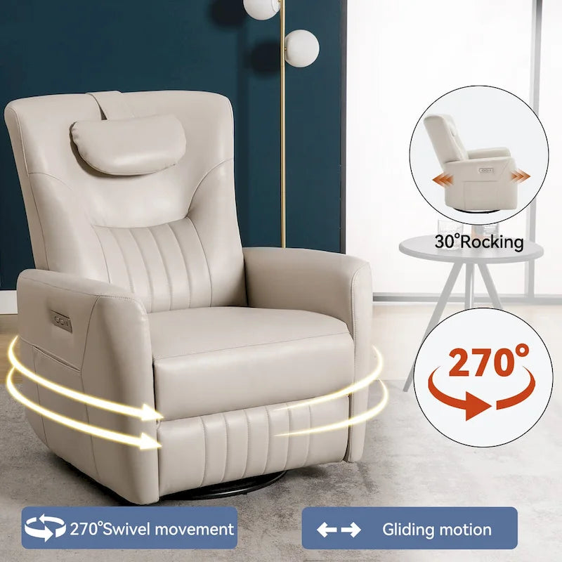 Fauteuil inclinable avec pivotement à 270°, mouvement de bascule, coussin de soutien lombaire et cervical, ports USB et Type-C