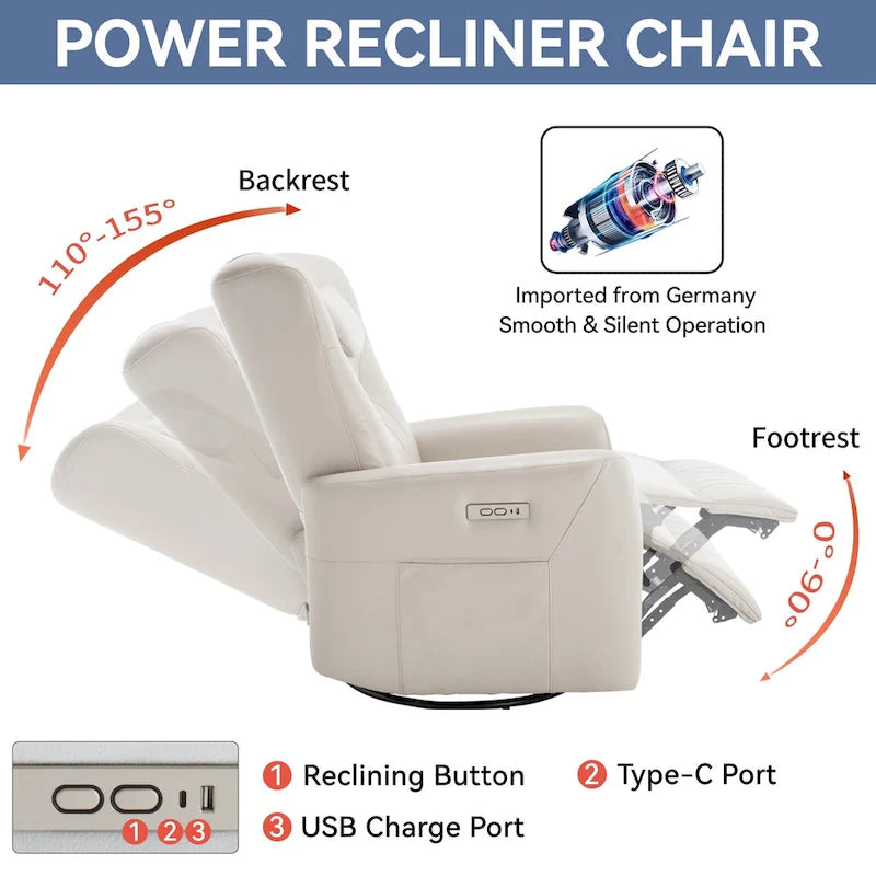 Fauteuil inclinable avec pivotement à 270°, mouvement de bascule, coussin de soutien lombaire et cervical, ports USB et Type-C