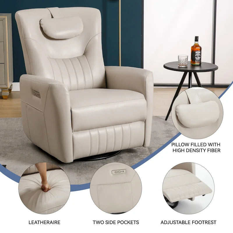 Fauteuil inclinable avec pivotement à 270°, mouvement de bascule, coussin de soutien lombaire et cervical, ports USB et Type-C