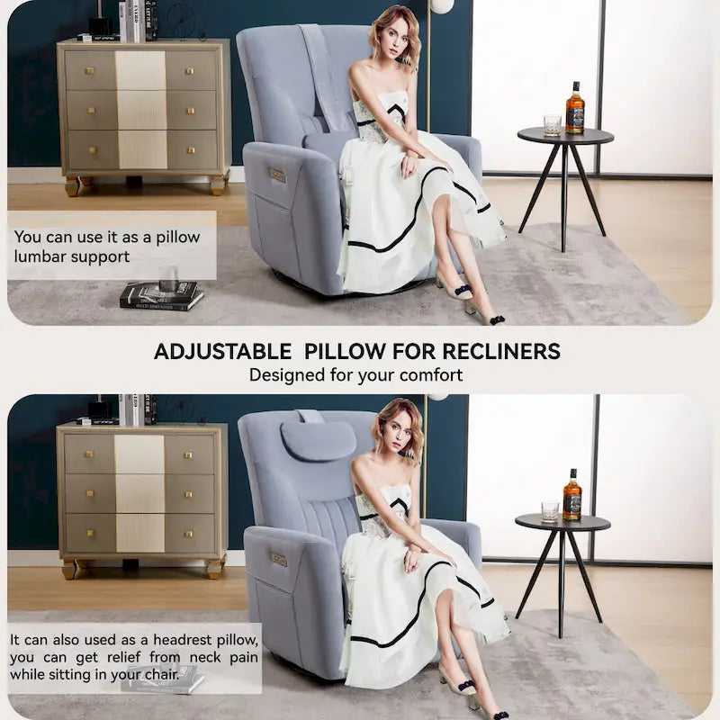 Fauteuil inclinable avec pivotement à 270°, mouvement de bascule, coussin de soutien lombaire et cervical, ports USB et Type-C