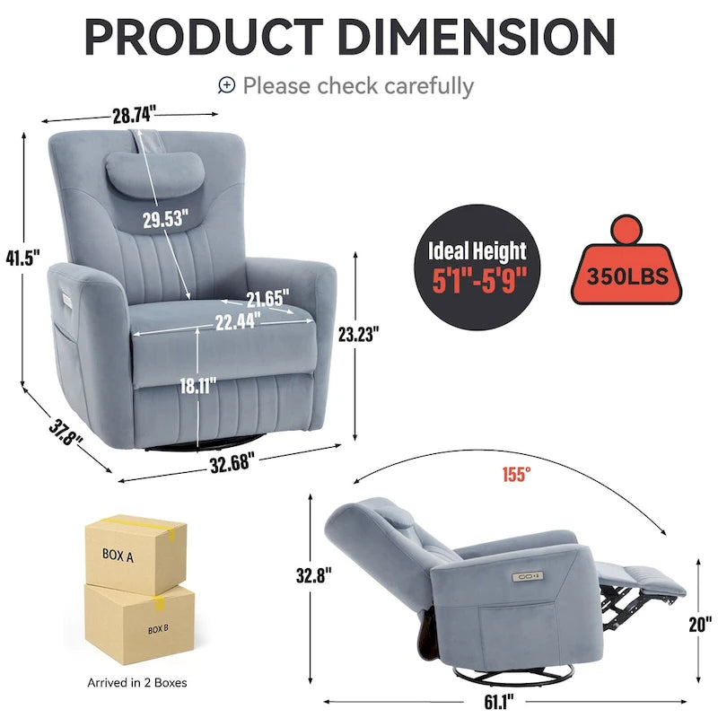 Fauteuil inclinable avec pivotement à 270°, mouvement de bascule, coussin de soutien lombaire et cervical, ports USB et Type-C