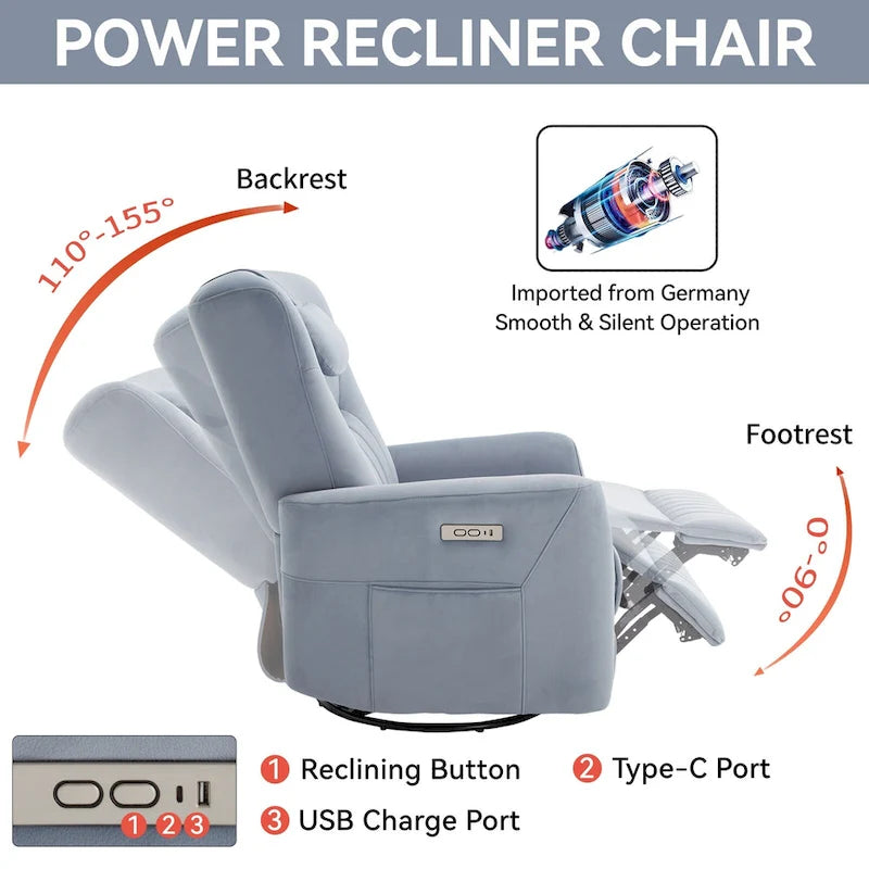 Fauteuil inclinable avec pivotement à 270°, mouvement de bascule, coussin de soutien lombaire et cervical, ports USB et Type-C
