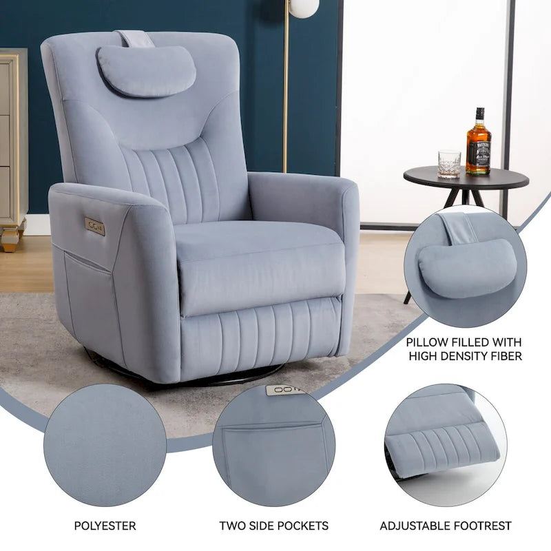 Fauteuil inclinable avec pivotement à 270°, mouvement de bascule, coussin de soutien lombaire et cervical, ports USB et Type-C