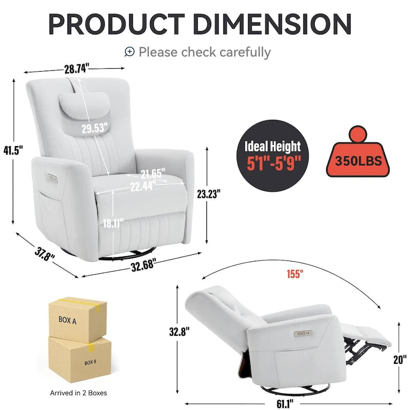 Fauteuil inclinable avec pivotement à 270°, mouvement de bascule, coussin de soutien lombaire et cervical, ports USB et Type-C