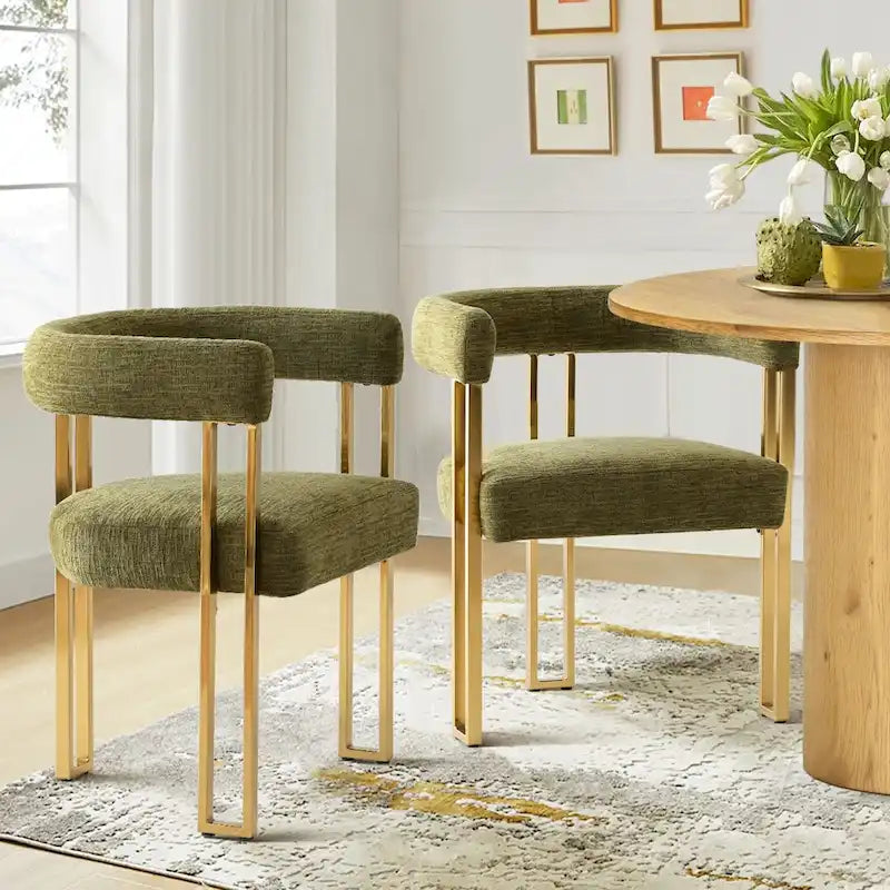 Lot de 2 fauteuils de salle à manger modernes en chenille avec cadre en métal doré poli