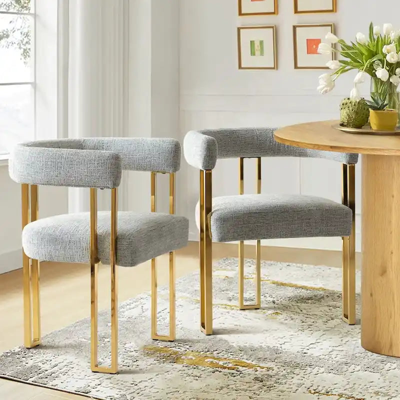 Lot de 2 fauteuils de salle à manger modernes en chenille avec cadre en métal doré poli