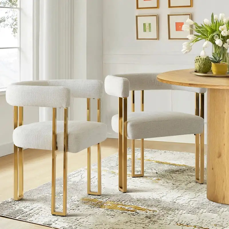 Lot de 2 fauteuils de salle à manger modernes en chenille avec cadre en métal doré poli