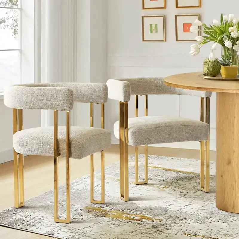 Lot de 2 fauteuils de salle à manger modernes en chenille avec cadre en métal doré poli