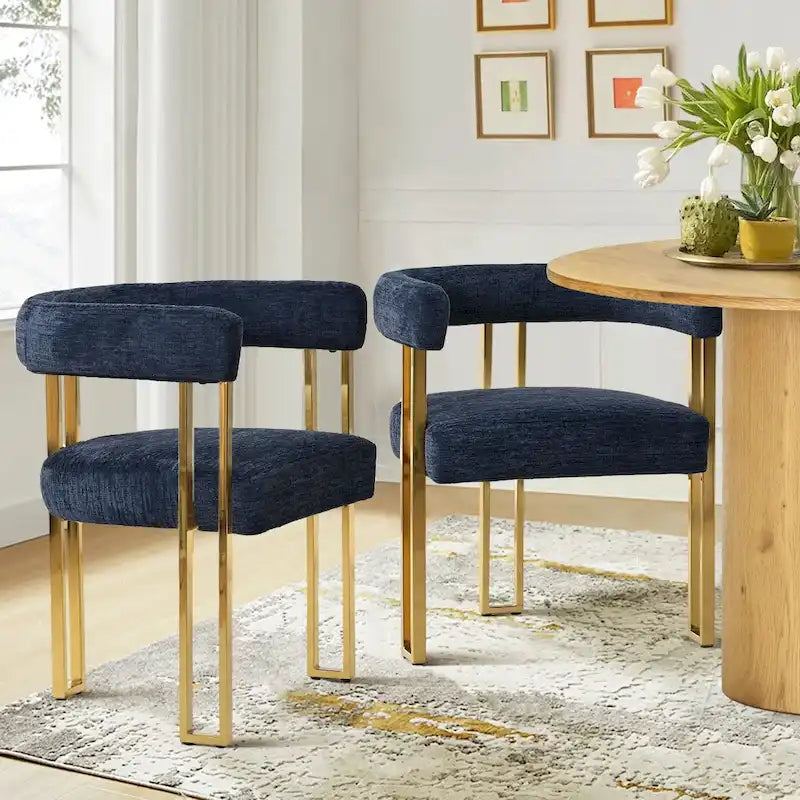 Lot de 2 fauteuils de salle à manger modernes en chenille avec cadre en métal doré poli