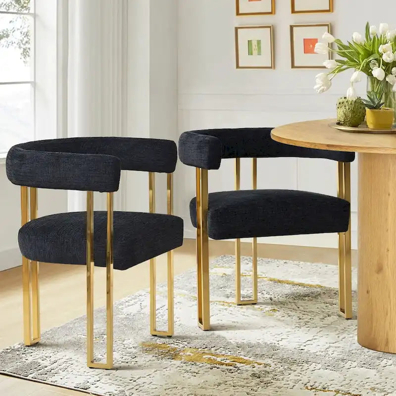 Lot de 2 fauteuils de salle à manger modernes en chenille avec cadre en métal doré poli
