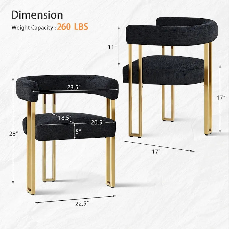 Lot de 2 fauteuils de salle à manger modernes en chenille avec cadre en métal doré poli