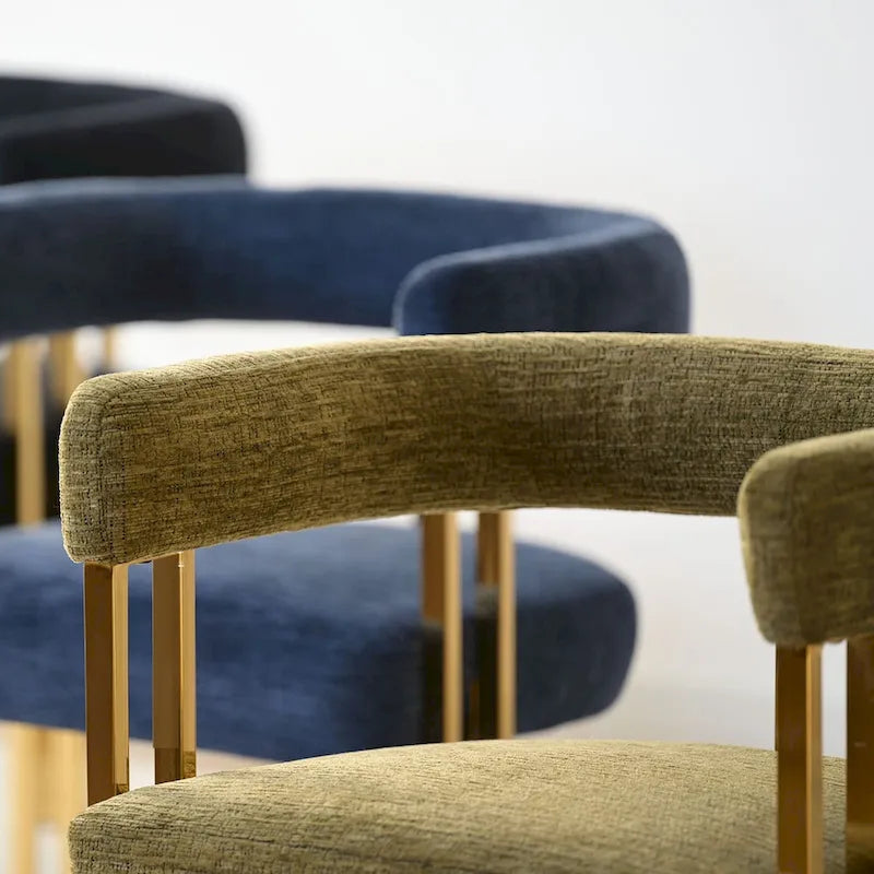 Lot de 2 fauteuils de salle à manger modernes en chenille avec cadre en métal doré poli