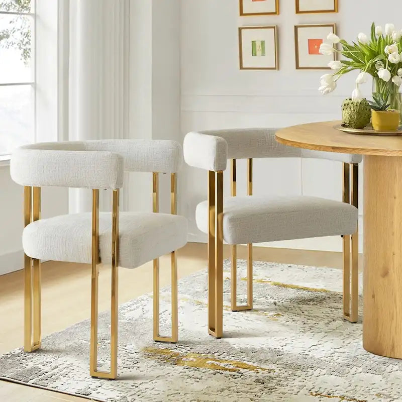 Lot de 2 fauteuils de salle à manger modernes en chenille avec cadre en métal doré poli
