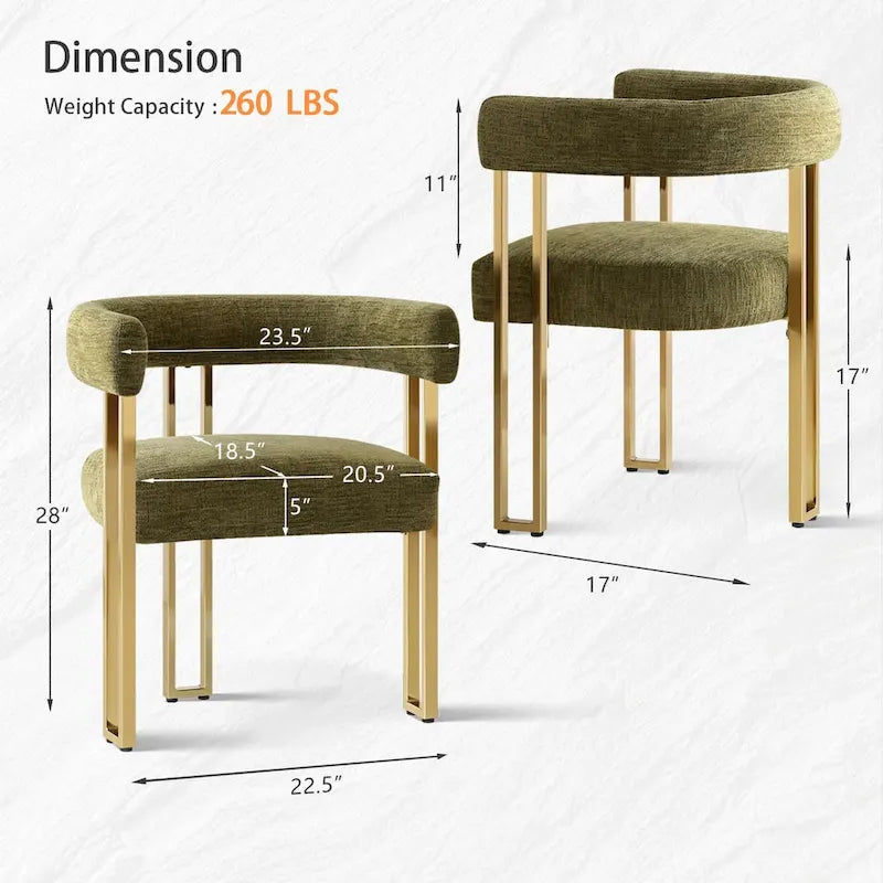 Lot de 2 fauteuils de salle à manger modernes en chenille avec cadre en métal doré poli