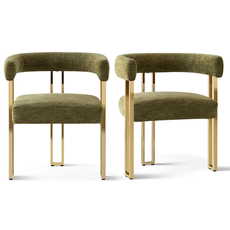 Lot de 2 fauteuils de salle à manger modernes en chenille avec cadre en métal doré poli