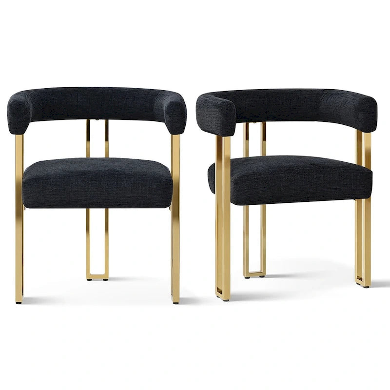 Lot de 2 fauteuils de salle à manger modernes en chenille avec cadre en métal doré poli