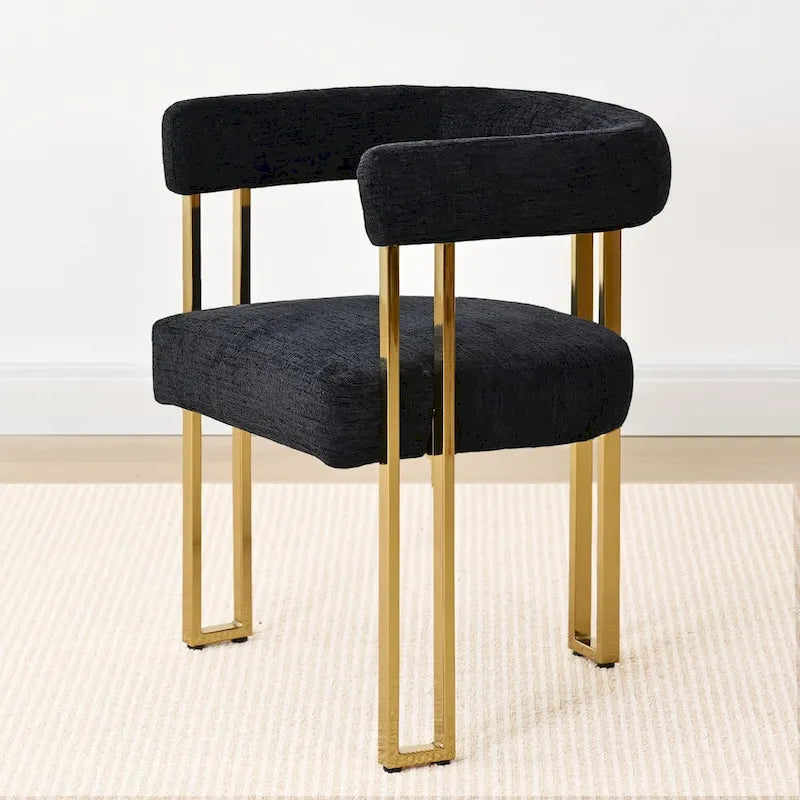 Lot de 2 fauteuils de salle à manger modernes en chenille avec cadre en métal doré poli