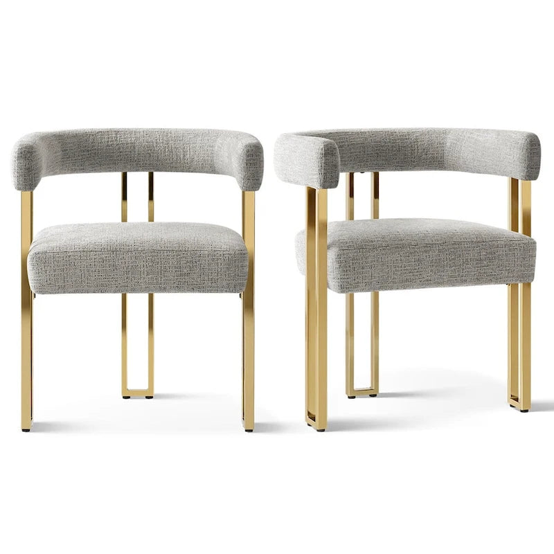 Lot de 2 fauteuils de salle à manger modernes en chenille avec cadre en métal doré poli