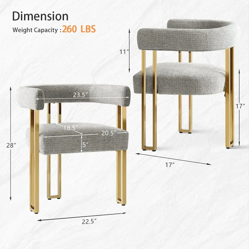 Lot de 2 fauteuils de salle à manger modernes en chenille avec cadre en métal doré poli