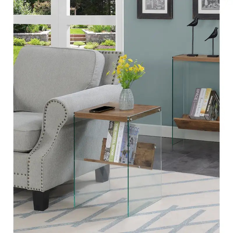Table d'appoint moderne en verre trempé avec étagère de rangement inférieure pour salon