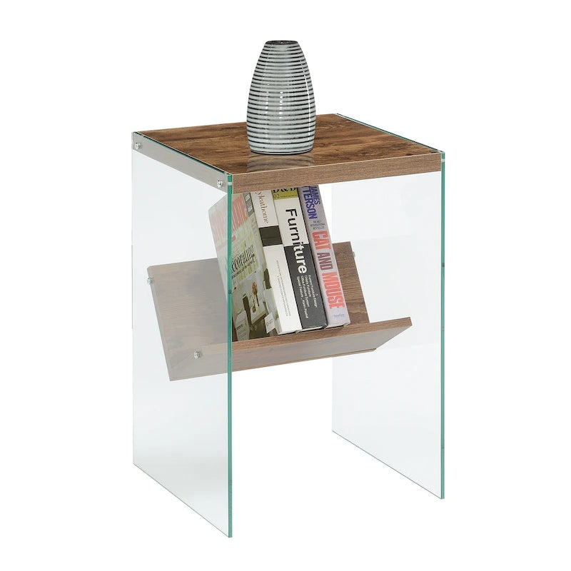 Table d'appoint moderne en verre trempé avec étagère de rangement inférieure pour salon