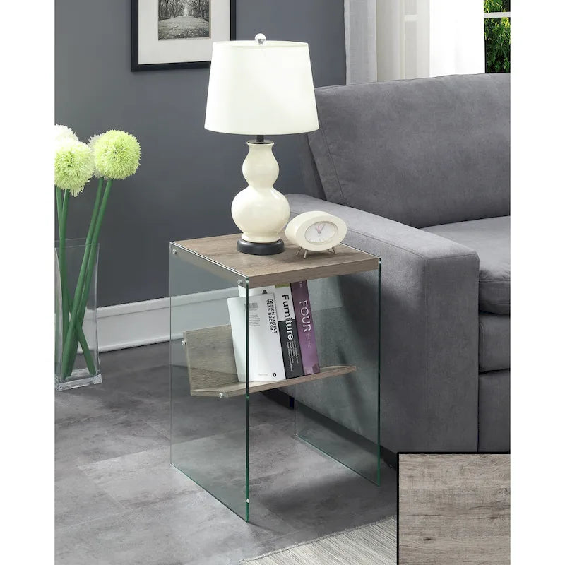 Table d'appoint moderne en verre trempé avec étagère de rangement inférieure pour salon