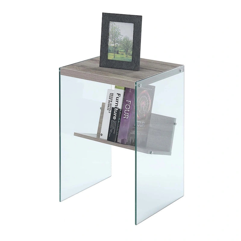 Table d'appoint moderne en verre trempé avec étagère de rangement inférieure pour salon