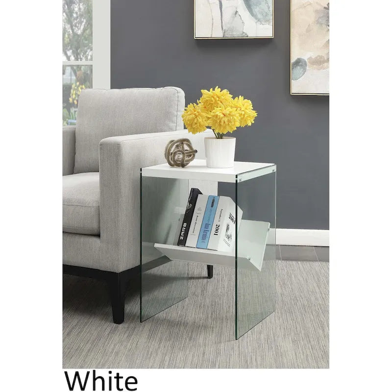 Table d'appoint moderne en verre trempé avec étagère de rangement inférieure pour salon