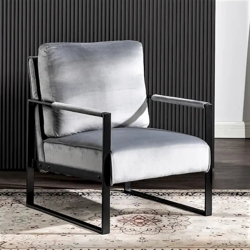 Fauteuil moderne de mi-siècle en velours avec structure en métal brossé noir et coussin en mousse