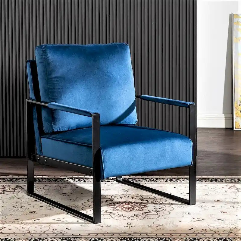Fauteuil moderne de mi-siècle en velours avec structure en métal brossé noir et coussin en mousse