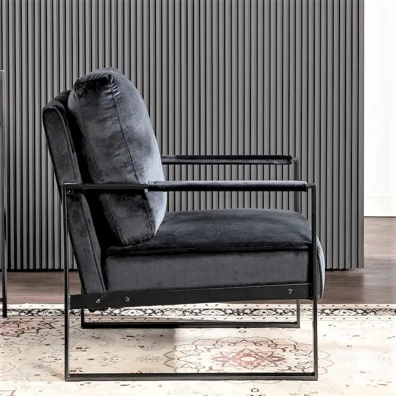 Fauteuil moderne de mi-siècle en velours avec structure en métal brossé noir et coussin en mousse