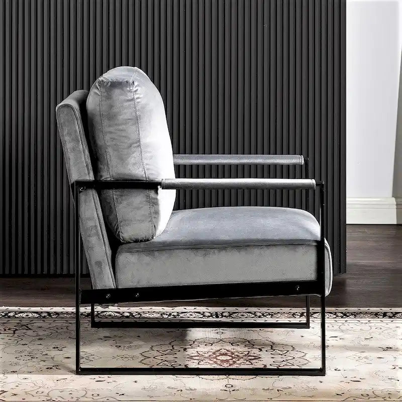 Fauteuil moderne de mi-siècle en velours avec structure en métal brossé noir et coussin en mousse
