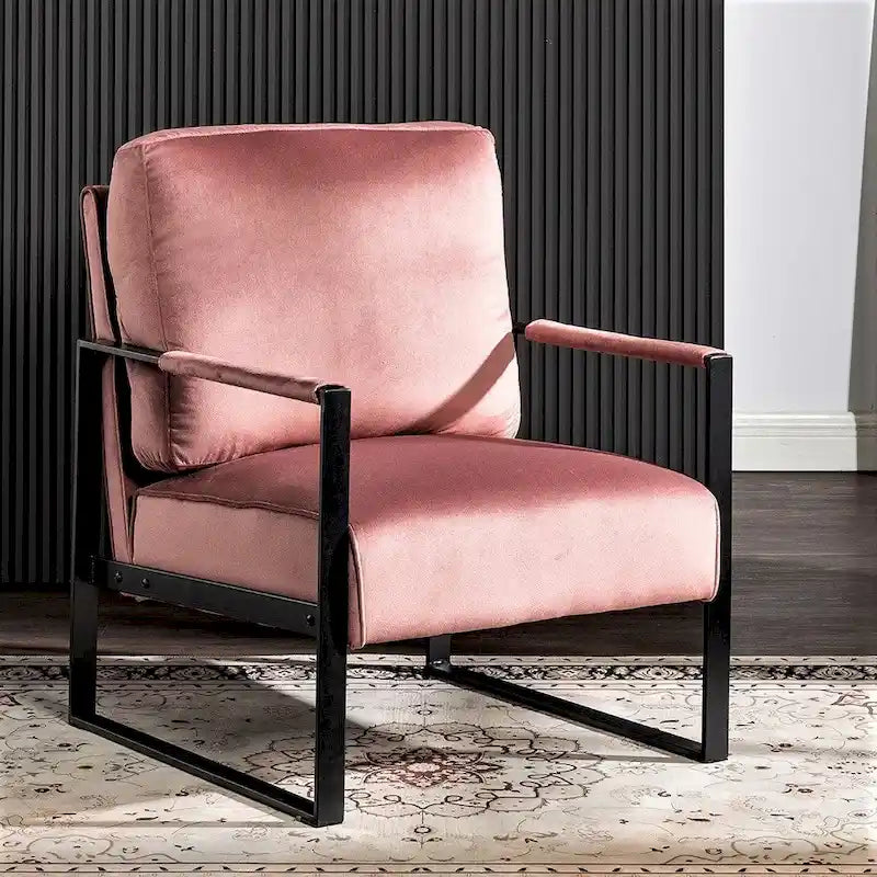 Fauteuil moderne de mi-siècle en velours avec structure en métal brossé noir et coussin en mousse