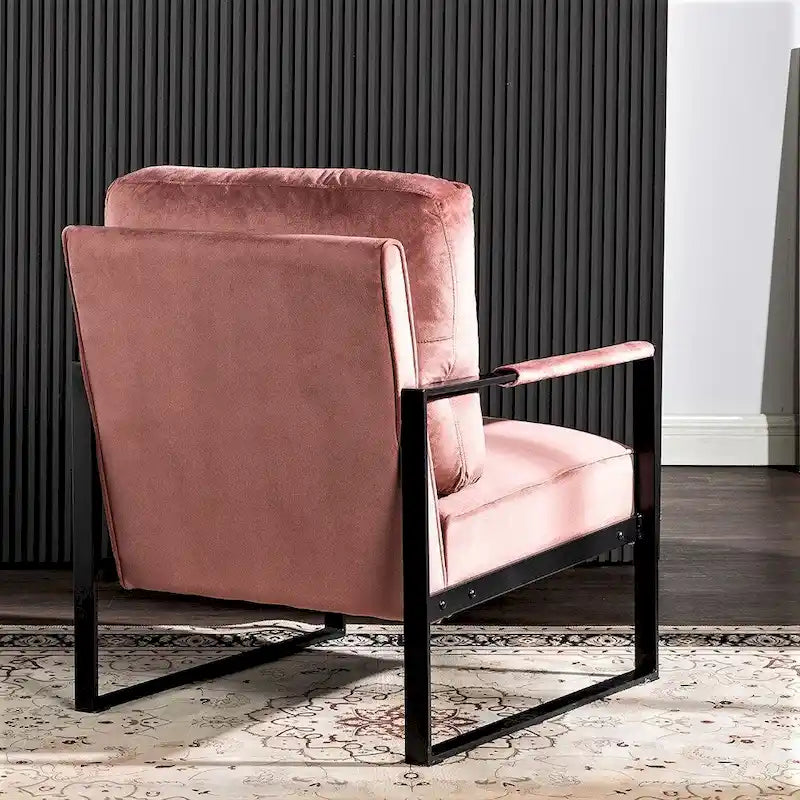 Fauteuil moderne de mi-siècle en velours avec structure en métal brossé noir et coussin en mousse