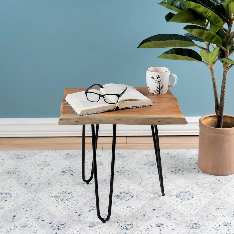 Tabouret multifonctionnel de 17 pouces avec cadre en fer et assise en bois massif naturel – Support à plantes et table d'appoint