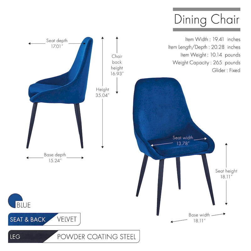 Lot de 2 chaises de salle à manger en velours de style Mid-Century avec pieds en acier thermolaqué, capacité de 120 kg