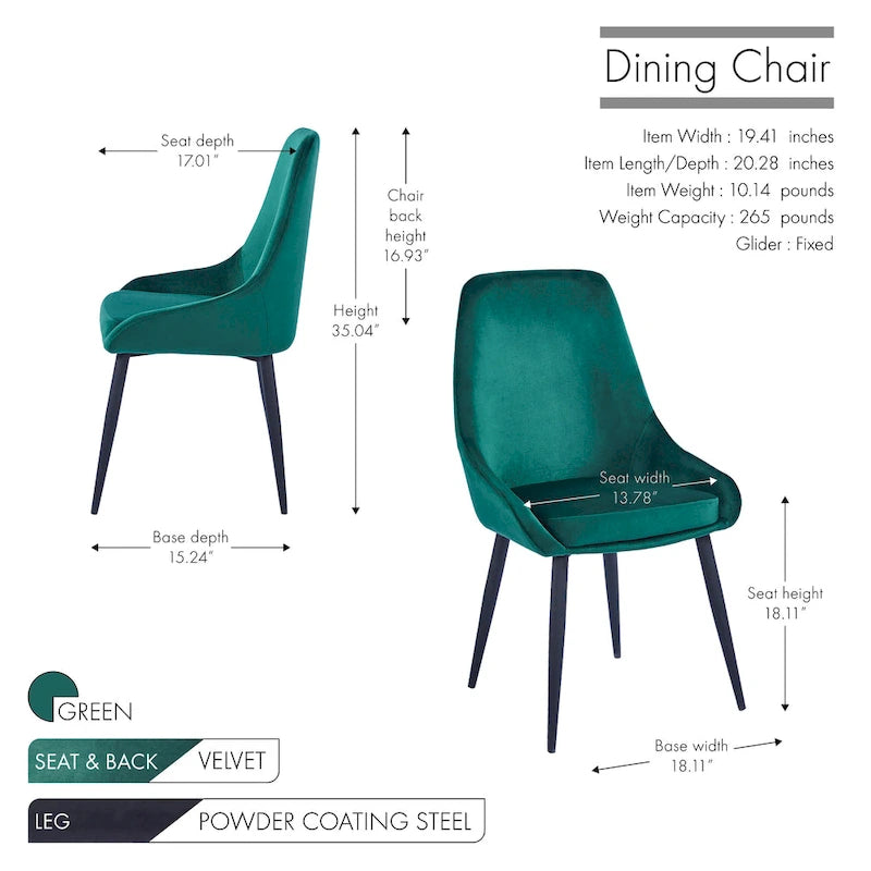 Lot de 2 chaises de salle à manger en velours de style Mid-Century avec pieds en acier thermolaqué, capacité de 120 kg