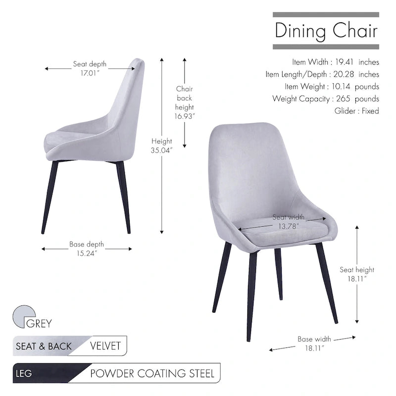 Lot de 2 chaises de salle à manger en velours de style Mid-Century avec pieds en acier thermolaqué, capacité de 120 kg