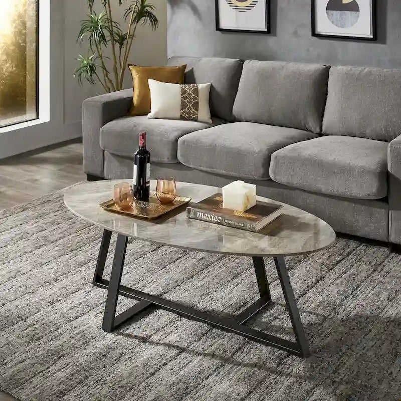 Tables en pierre frittée brillante avec piétement en métal gris