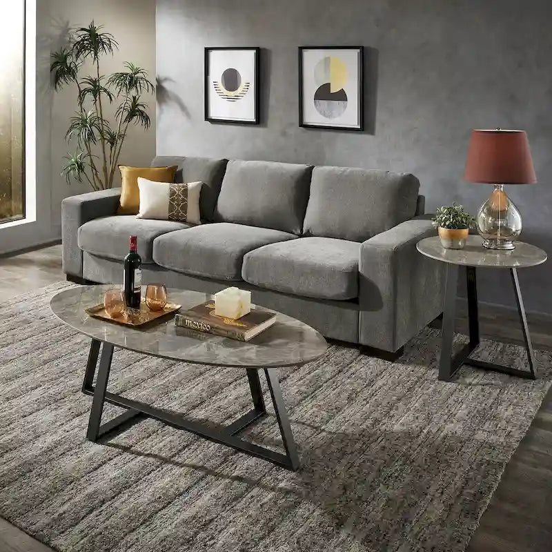 Tables en pierre frittée brillante avec piétement en métal gris