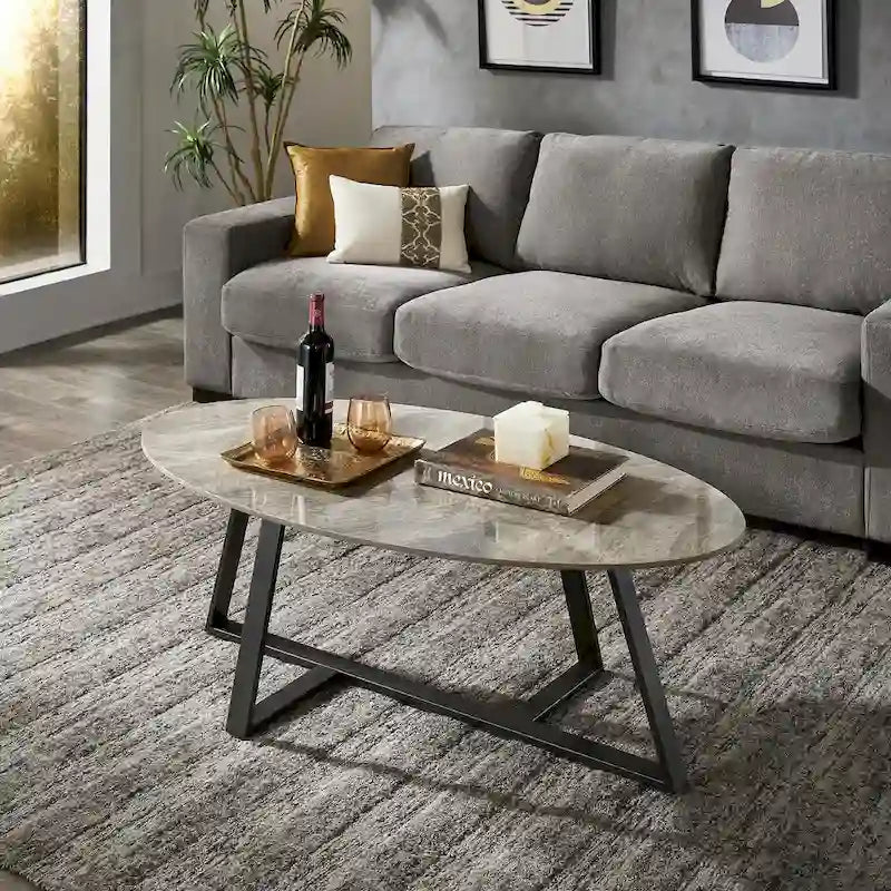Tables en pierre frittée brillante avec piétement en métal gris